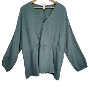Ava & Viv Green Cotton Muslin Long Sleeve V-neck Blouse Size 3X